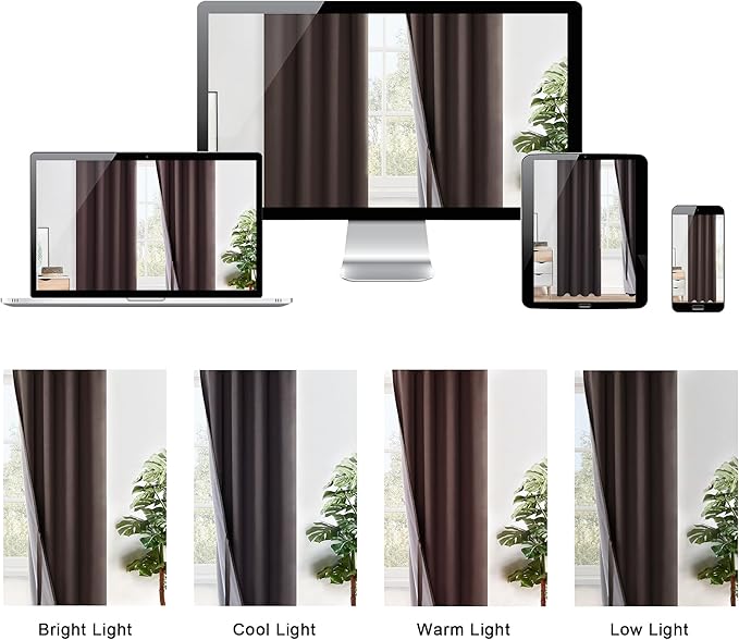 XWZO 100% Blackout Curtains 54 Inches Long with Tiebacks- Thermal Insulated & Energy Efficiency Window Draperies Grommet Top with Black Liner for Bedroom/Living Room, Brown, W42 x L54, Set of 2