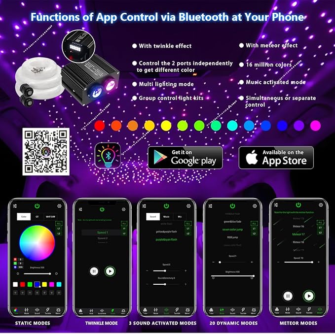 AKEPO Dual Color Twinkle+Shooting Star All-in-one Fiber Optic Lights, 1200pcs+240pcs Meteor Fibers in 0.03in 9.8ft 18W APP/Remote Control Car Home RGBW Sound Activated Starlight Headliners Kit