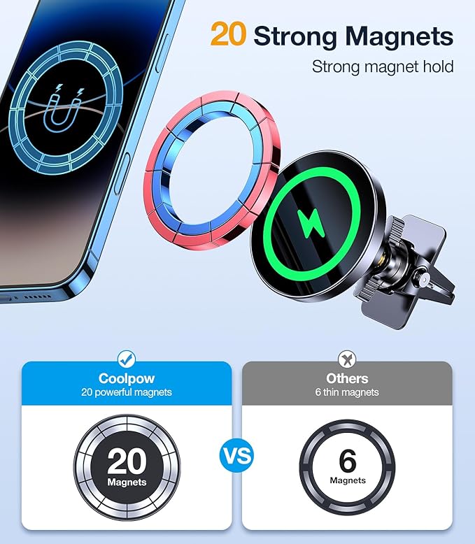 Coolpow for MagSafe Car Mount Charger【15W Top Charger】Magnetic Wireless Car Charger for iPhone Magsafe Car Charging【Strong Magnets】Magnetic Phone Holder Mount Charger for iPhone 17 Pro Max 16 15 14 13