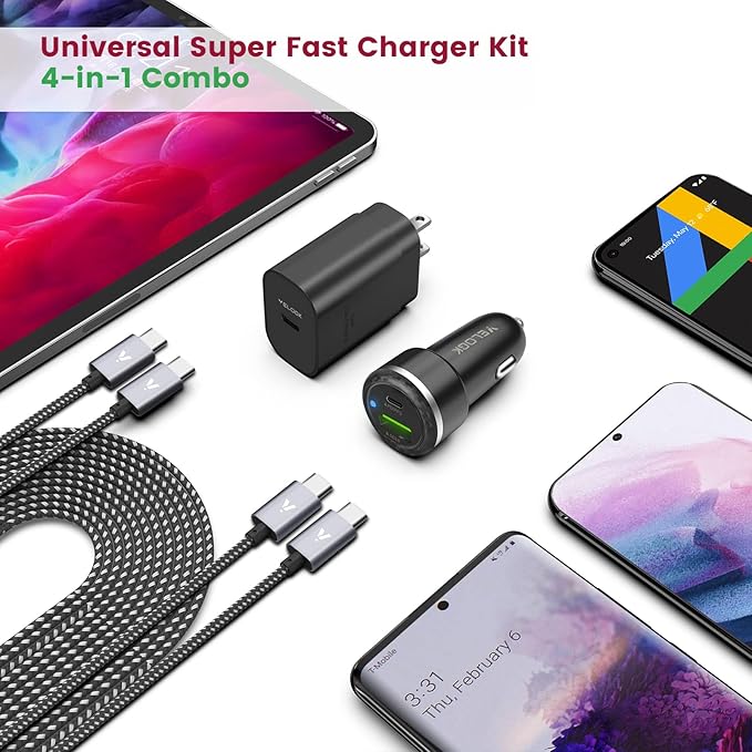 Super Fast Charger Type C Kit, VELOGK 25W PD PPS USB C Wall/Car Charger for Samsung Galaxy S24/S23 Ultra/S23+/S23/S22/S21/S20/Plus/Ultra/FE/Note 20/A71, iPad Pro, with 2X Nylon USB C-to-C Cable(6.6ft)