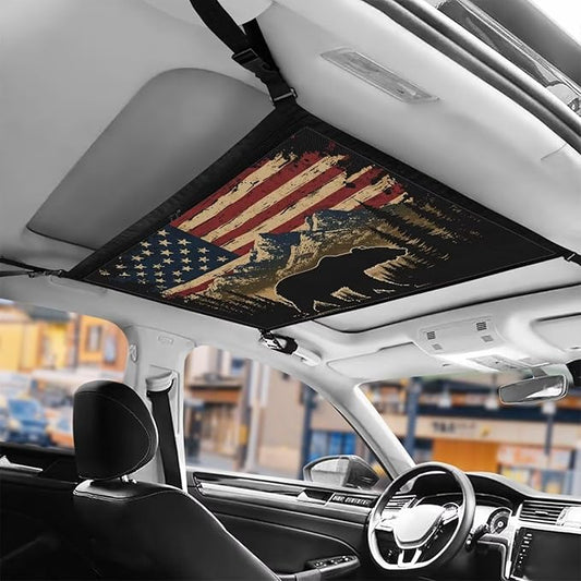 Generic American Flag Bear Car Ceiling Cargo Net-Fits Cars with Four Handles,Non-Blocking Rearview Mirror,Double-Layer Interior Roof Cargo Bag for Travel Road Trips and Car Camping 31.69"x24.02"