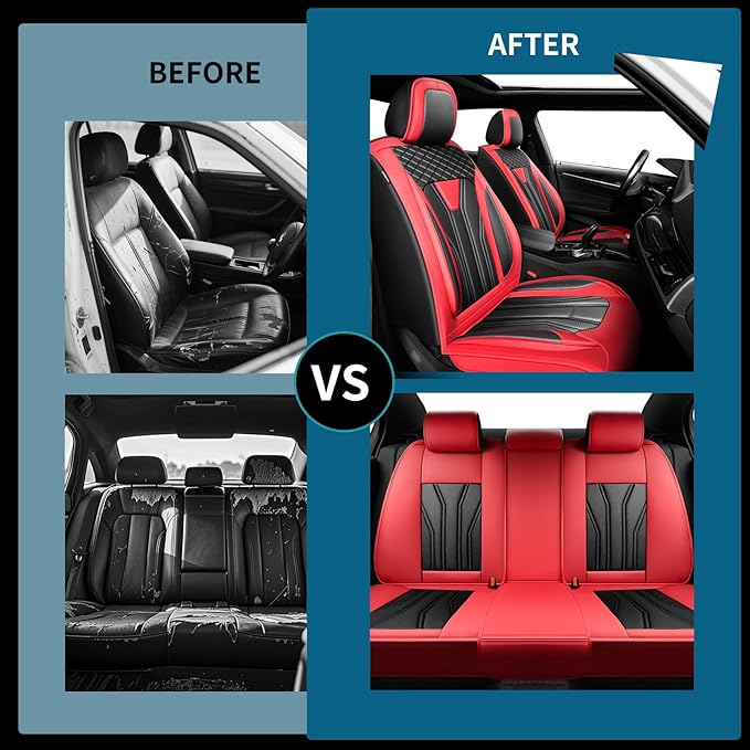 Fit Leaf Car Seat Covers Compatible with Nissan Leaf 2012-2025 2026 - Premium Leather， Waterproof Breathable， All-Weather Seat Cushion Protecto&Airbag Compatible (2 Front Seat Red&Black)