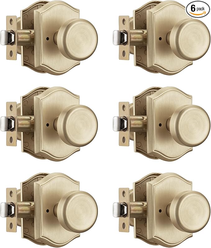 6 Pack Pismo Doorknobs for Bath & Bedroom, Gold Interior Door Knobs with Camelot Trim, Satin Brass Door Knob with Lock
