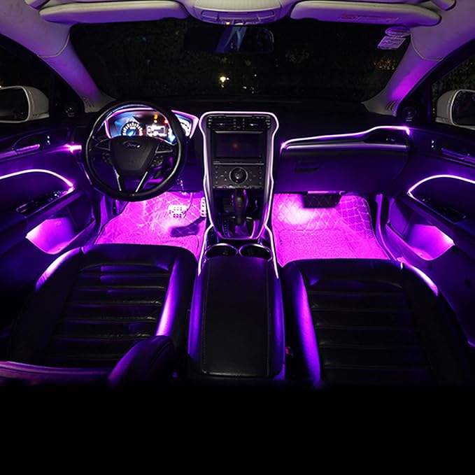 Car Interior Ambient Lighting Optic Fiber RGB 64 Colors Multicoloured Music Car Footwell Lighting Kit with Cigarette Lighter and App Microphone, DC 12V-24V 1W 5m