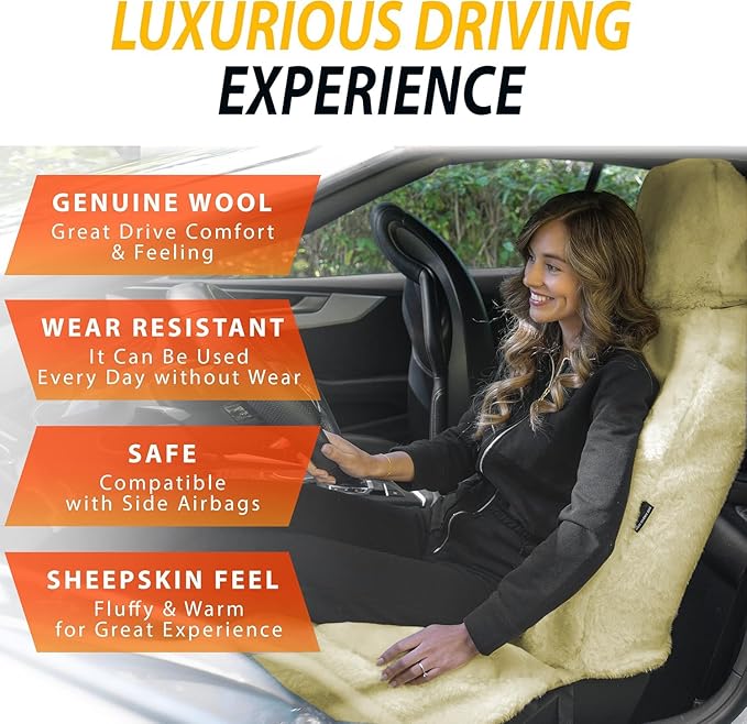 ZONETECH Sheepskin Seat Covers Fuzzy Car Seat Covers Tan Australian Merino Wool Fluffy Fur Auto Accessories All Season Protection for Your Seats Universal Fits Most Car SUV Airbag Compatible