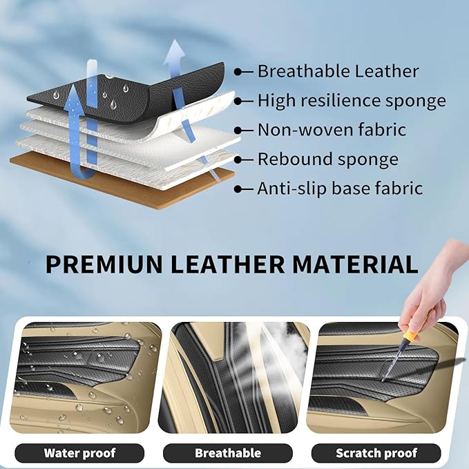 Fit Versa Car Seat Covers Compatible with Nissan Versa 2008-2025 2026 - Premium Leather， Waterproof Breathable， All-Weather Seat Cushion Protecto&Airbag Compatible (2 Front Seat Beige&Black)