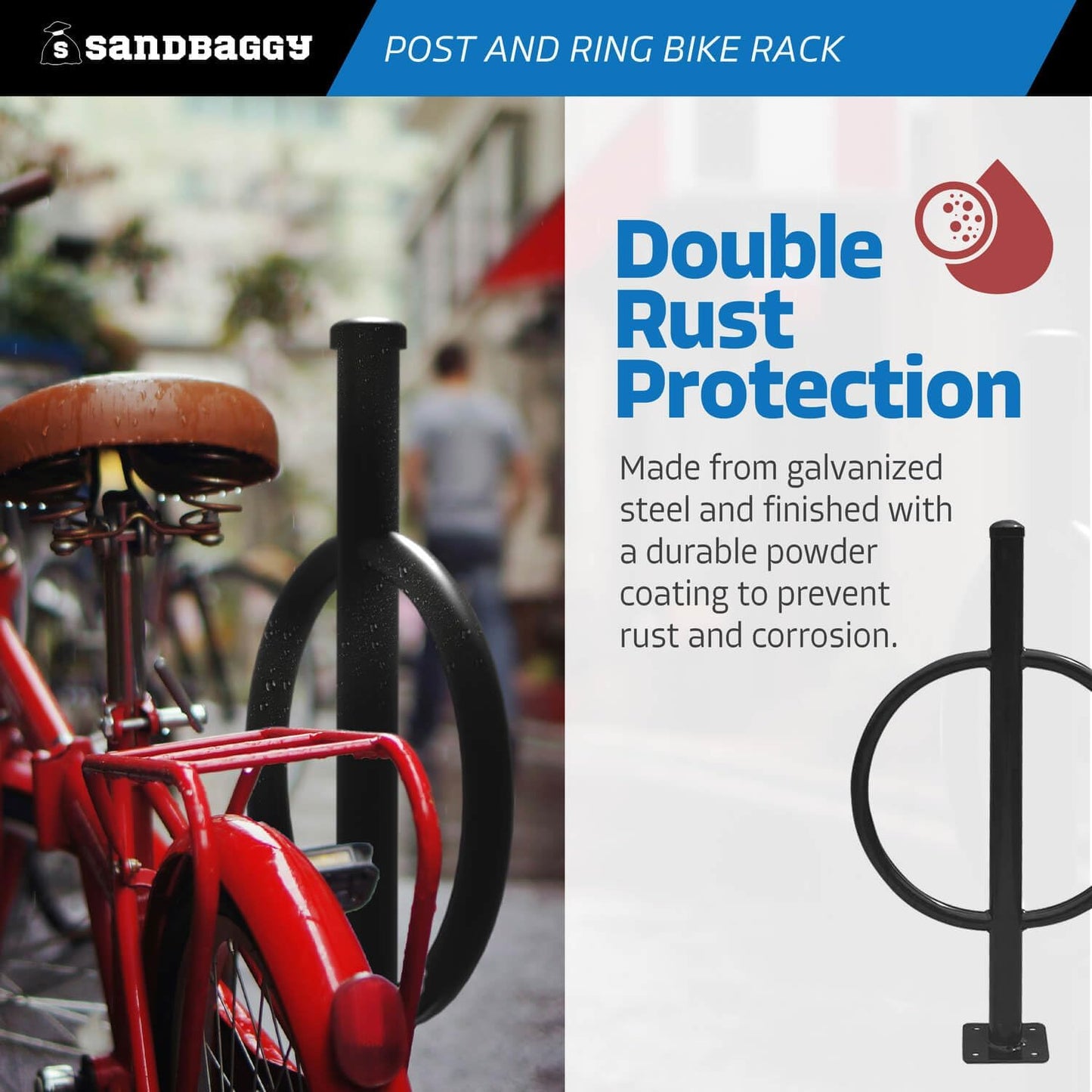 Sandbaggy Post and Ring Bike Rack - Commercial Bike Racks - Galvanized Steel - Anti-Theft Design - In Ground, Apartments, Sidewalks, Industrial (Gray, 10)
