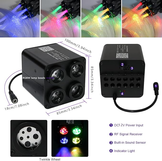 AZIMOM 4Colors 2 in 1 Meteor Twinkle Fiber Optic Starlight Headliner Kits 800pcs 0.03in 9.8ft Fiber Strands,RGB Meteor Shooting Star 240pcs, Sound Remote APP Control Home Ceiling Car Headliner Decor
