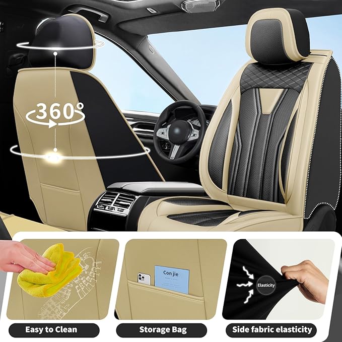Fit Frontier Car Seat Covers Compatible with Nissan Frontier 2010-2025 2026 -Full Set Premium Leather， Waterproof Breathable， All-Weather Seat Cushion Protecto&Airbag Compatible （Beige & Black