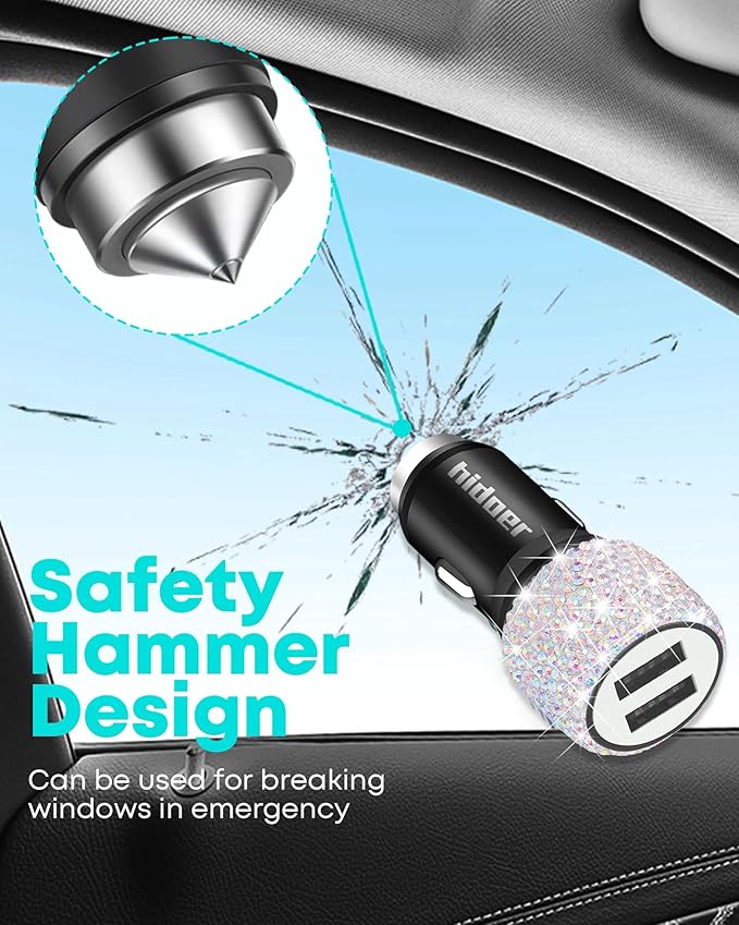 Bling USB Car Charger 5V 2.4A Multicolor Crystal Decor Dual Port Fast Adapter with 4ft Nylon Type C Micro USB 3 in 1 Multi Charging Cable for iPhone iPad Android, Auto Interior Accessories for Women