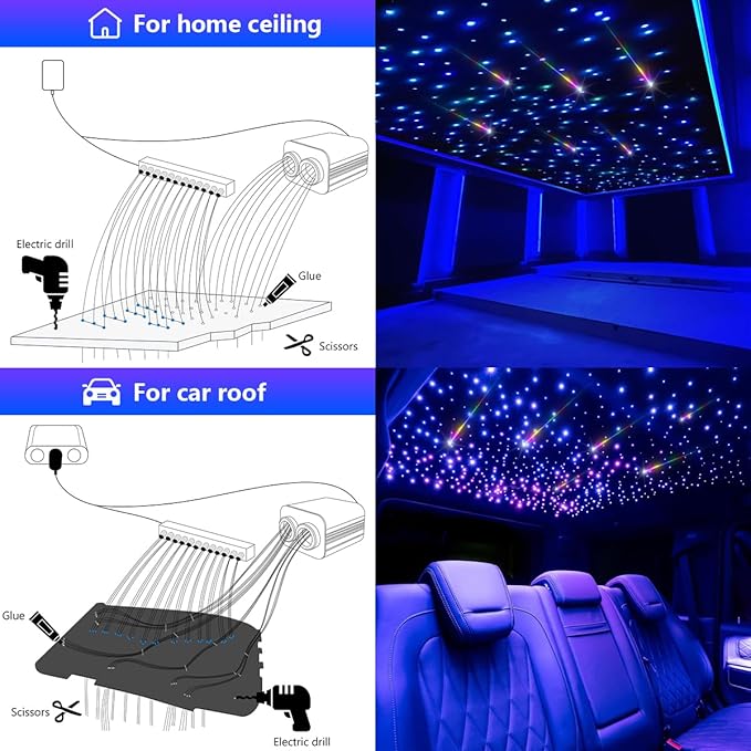 AMKI Dual Color 20W Twinkle Starlight Headliner Kit 1100pcs*0.03in 13.1ft Cables+ RGB Meteor Shooting Star Fiber Optic Light Sound Activated APP/Remote Control for Car Roof Home Ceiling