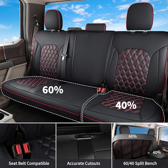 Huidasource Tacoma Seat Cover Front & Rear, Full Coverage Waterproof Leather Custom Cover Fit for 2016-2023 Double & Crew Cab Toyota Tacoma SR SR5 Limited TRD Sport/Pro/Off Road (Full Set/Black&Red)