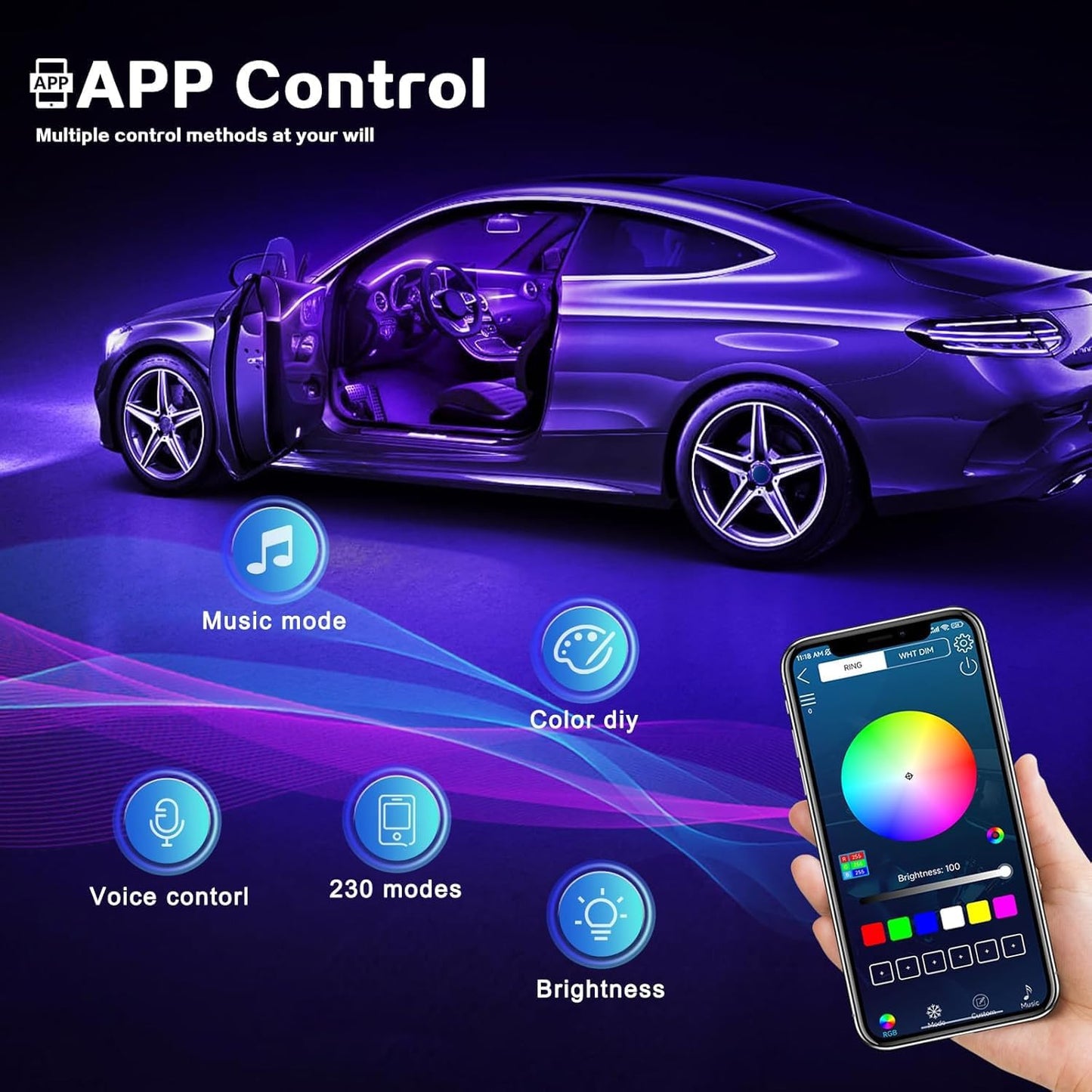 Acrylic Interior Car LED Strip Light with Wireless APP, 14 in 1 with 175 inches 593 LEDs Neon LED Strip Light, RGB Colors Dynamic Music Sync Car Ambient Lighting Kits