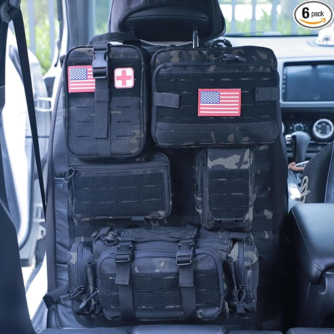 Universal Tactical Car Seat Back Organizer Bag Tactical Molle Vehicle Organizers Panel Vehicle Protector Organizers with 5 Detachable Pouches for Car Truck Ford Jeep (Upgraded D model Black camo)