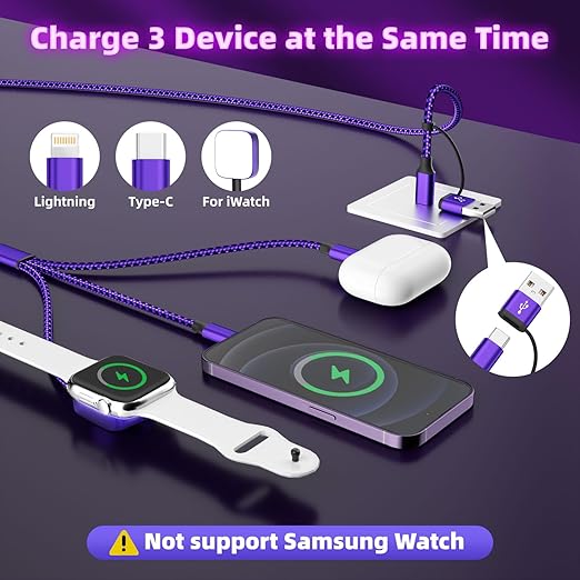Travel Essentials 3in2 Multi Charging Cable for iPhone Watch Charger,USB A/C to Type C/IP/iWatch Charger,Travel Chargers for Multiple Devices Compatible with iWatch Series&iPhone 16-12（2PACK,5FT）