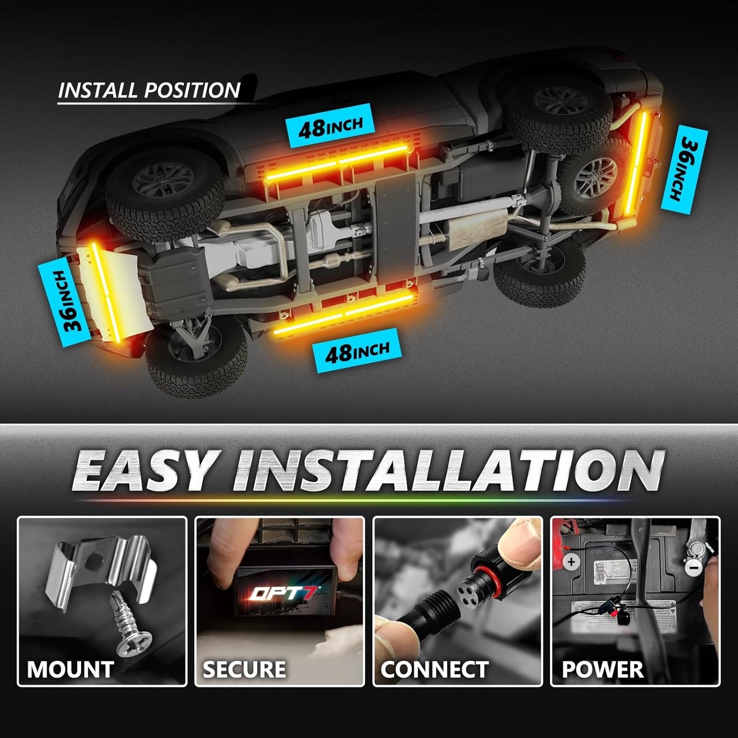 OPT7 Aura Pro Underglow LED Lights Kit for Truck with App & Remote Control, RGB Multicolor Music Modes, Waterproof Rigid Aluminum Light Bar, Exterior Neon Accent Lighting for Regular Extended Cab
