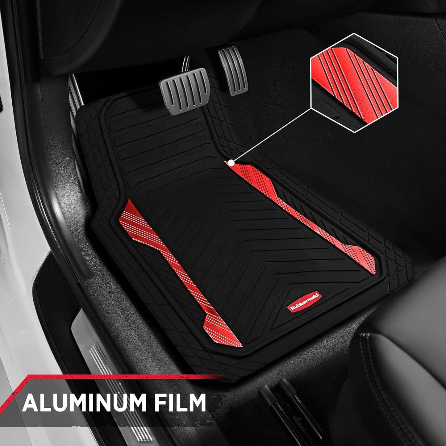 Rubbermaid Car Floor Mat, Heavy Duty All-Weather Car Mats Full Set with Dual-Tone Red Aluminum Inserts – Universal Fit, Anti-Slip Backing, Trim-to-Fit for Most SUV, Sedan, Van