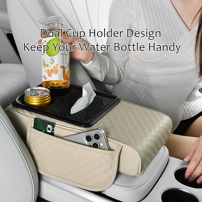 Car Center Console Armrest Pad, Arm Rest Box Cushion with Ergonomic Height Boost, Storage Pockets, Built-in Tissue Box, Cupholder, Fit for Most Sedan Vehicles (Embossing Checkerboard, Black)