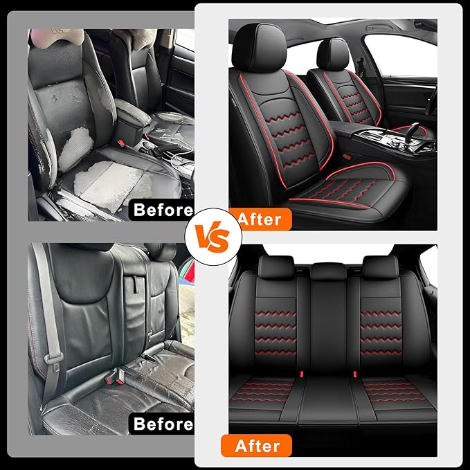 CX-3 Car Seat Covers Fit for Mazda CX-3 2016-2021, Full Coverage Premium Leather Waterproof Breathable Seat Covers, Automotive Seat Protectors, Airbag Compatible(Full Set Seats, Black & Red)