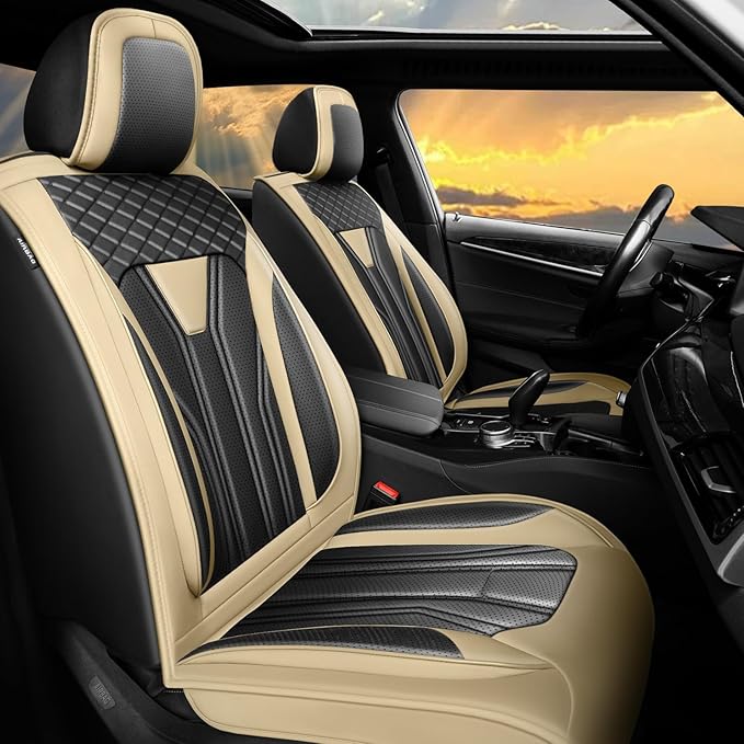 Fit Prius Car Seat Covers for Toyota Prius 2001-2025 2026 -Full Set Premium Leather, Waterproof, Breathable，All-Weather Seat Cushion Protecto & Airbag Compatible, 5-Seats Beige & Black