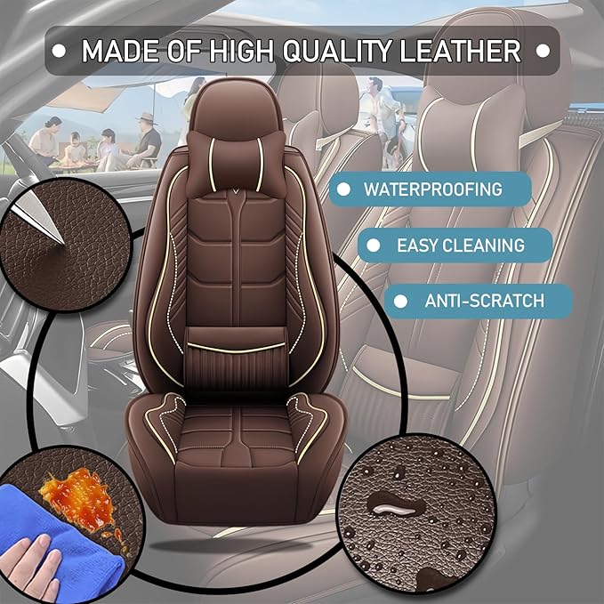 Leather Car Seat Covers Fit for Toyota Prius c 2012-2019, 5 Seater Car Seat Cover, Premium Waterproof, Scratch Resistant Car Interior Accessories (Full Set with Pillow Coffee)