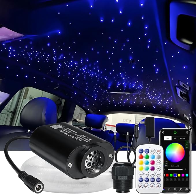 AZIMOM Mini 6W 500pcs Twinkle Fiber Optic Starlight Headliner Kit for Car Home 0.03in 13.1ft End Glow Fiber Strands Sound-Activated APP& Remote Control Starlight Engine