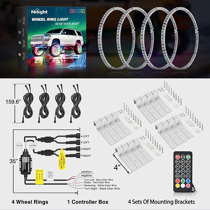 Nilight 4PCS 17.5inch Double Row Wheel Ring Lights Dream Color with APP and Remote Control Neon Lights w/Turn Signal and Braking Function Dual Row for Car Van SUV Truck