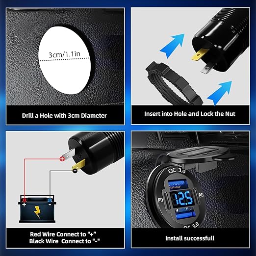 12 Volt USB Charger, 12v USB 4-Port Aluminum Alloy USB C Outlet with LED Voltmeter,Dual PD3.0 & QC3.0 for 12/24V Car Golf Cart Boat Marine Bus Truck RV Marine Motorcycle etc (Pack of one)