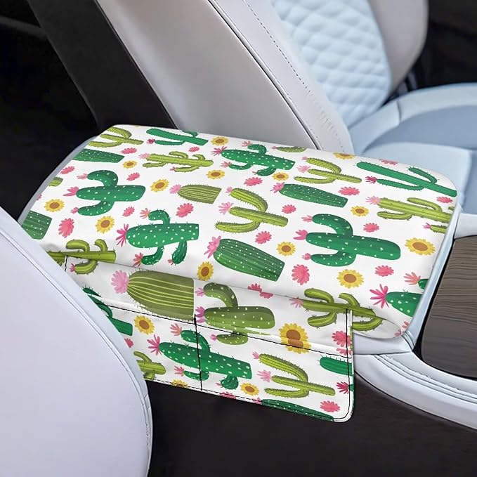 Dreaweet Cactus Print Center Console Armrest Cover with Side Pockets Thick Armrest Cover for Car Truck SUV Van,Soft Non-Slip Car Arm Rest Cover Pad