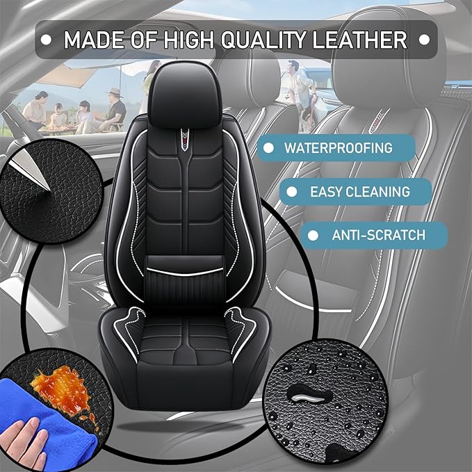 Leather Car Seat Covers Fit for Toyota Prius 2004-2024, 5 Seater Car Seat Cover, Premium Waterproof, Scratch Resistant Car Interior Accessories (Full Set Black White)