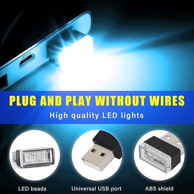 Augeny 4 PCS USB LED Car Interior Atmosphere Lamp, Plug-in USB Decor Night Light, Portable Auto Ambient Lighting Kit, Universal Vehicle Interior Accessories for Most Cars (White+Red+Blue+Ice Blue)