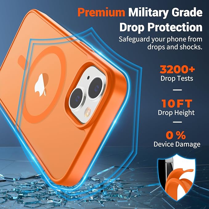 SUPFINE Magnetic for iPhone 14 Case & iPhone 13 Case with Screen Protector (Compatible with MagSafe)(Military Grade Drop Protection) Translucent Matte Shockproof Phone Cover,Starry Orange