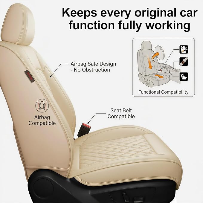 Fit Elantra Car Seat Covers for Hyundai Elantra 2017-2025 2026 - Premium Leather, Waterproof, All-Weather, Airbag Compatible, Anti-Slip, Breathable, Seat Protectors, Full Set, Beige