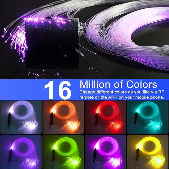 AZIMOM Car Use 6W RGBW 200pcs 0.03in 6.5ft Fiber Optic Lights Starlight Ceiling Light Kit End Glow Optic Cable Music Mode APP Remote Sensory Lighting Indoor Home Headliner Decoration