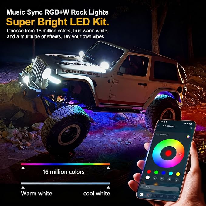 RGB LED Rock Lights Kit, 10 pods Multicolor Neon Light with Bluetooth App/Remote Control Flashing Music Mode, Aluminum Metal, IP68 Waterproof, 12v for Truck ATV UTV SUV
