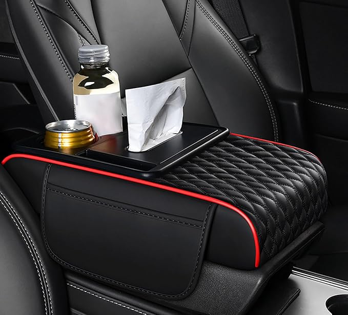 Car Armrest Center Console Cover for Audi Q3 2015–2025, Center Console Pad with Cup Holder, Multifunctional Armrest Cushion,A Black+Red