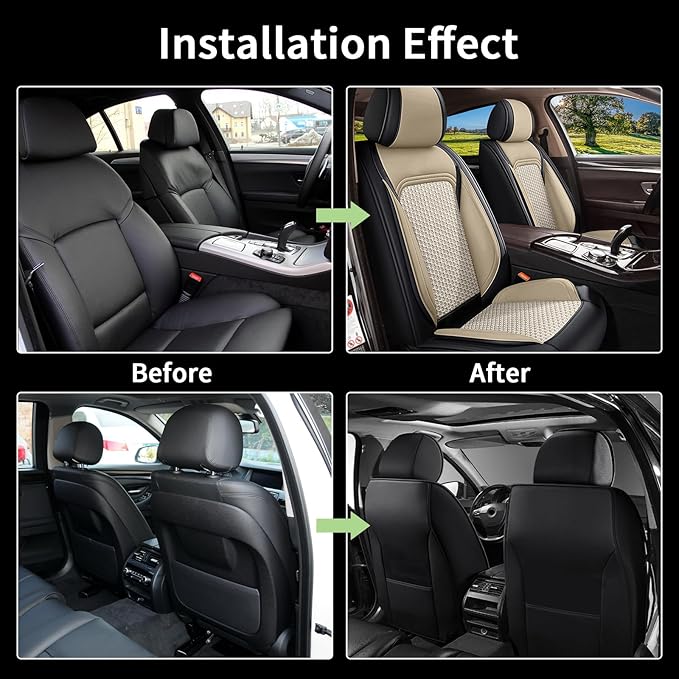 Car Seat Covers Front Seats for Subaru Legacy 1995-2024 2025 2026, Breathable Cooling Ice Silk Leather Car Seat Covers, 2 Seats for Subaru Legacy Accessories (Black&Beige)