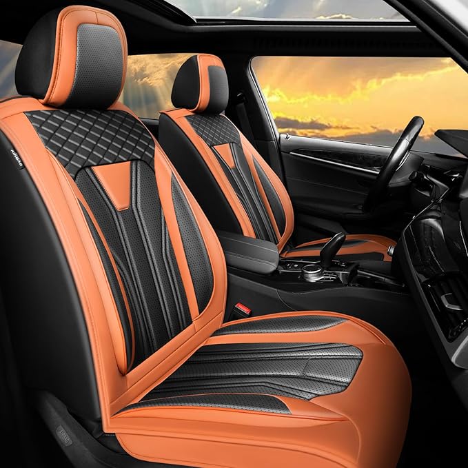 Fit Kicks Car Seat Covers Premium Leather Compatible with Nissan Kicks 2018 2019-2026 (5 Seats Full Set Waterproof Breathable All-Weather Seat Cushion Protector（5 Seats Orange & Black)