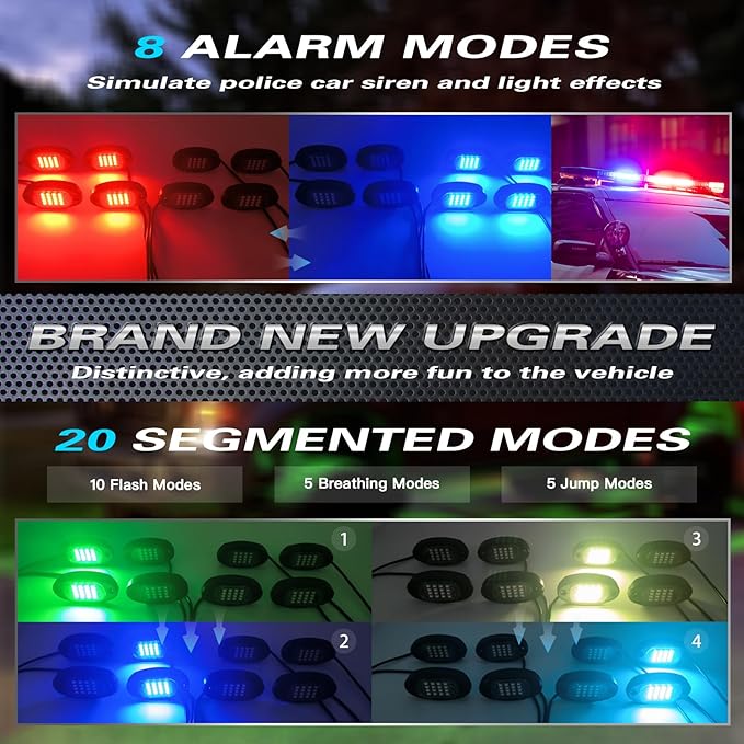 8Pods Segmented RGB LED Rock Lights Kit for Jeep Trucks UTV ATV Golf Cart RZR SXS Offroad Four Wheeler with APP/RF Remote, Multi Color Underglow Light Waterproof Music Neon Underbody 12V