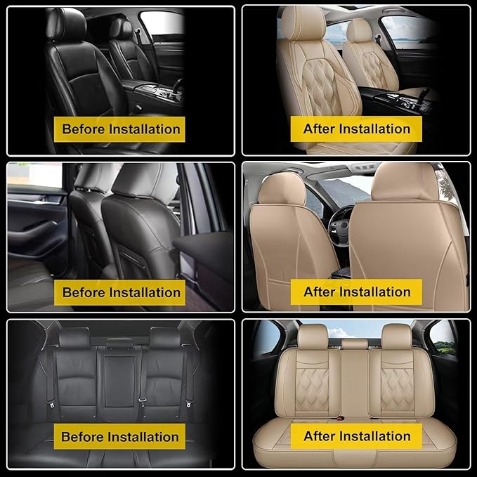 AOMSAZTO Full Set Car Seat Covers Fit for Ford Focus 2009-2018 Leather Automotive Cushion Waterproof Covers Seat Protector with Airbag Compatible (5Seats,Beige)