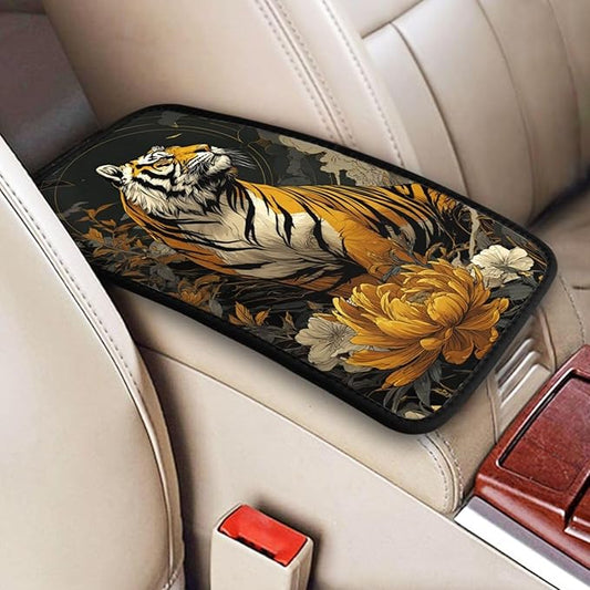 Universal Car Center Console Cushion Pad, Golden Flower Tiger Soft Waterproof Car Center Console Cover Auto Armrest Seat Box Cover Protector for Most Vehicle SUV Truck Car