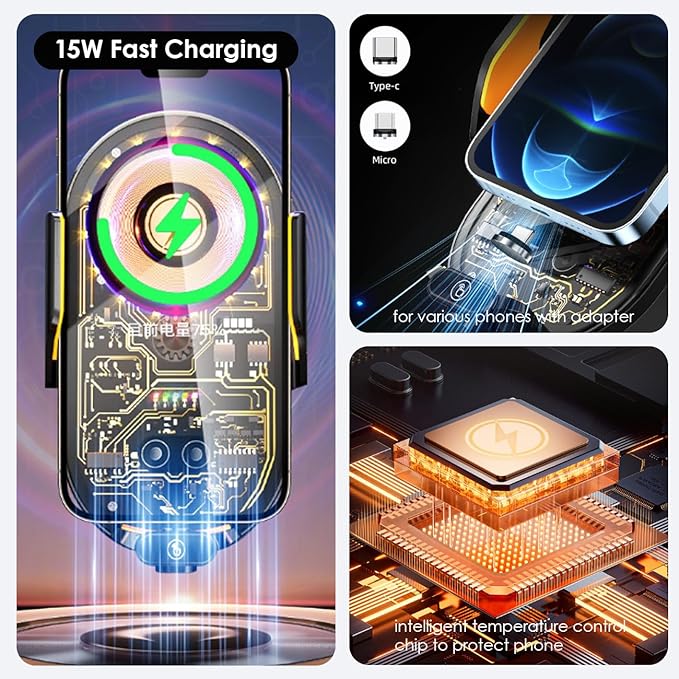 Wokyo Wireless Car Charger Mount, 66W Fast Magnetic Charging and 360° Rotatable, Intelligent Air Vent Car Phone Holder, Auto-Clamping Mount Wireless Charging Compatible Most Smartphones (Gold)