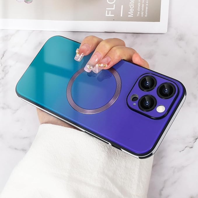 Guppy Compatible with iPhone 14 Pro Max Case Magnetic, with Full Camera Lens Protector [Compatible with MagSafe] Scratch Resistant Gradient Glass Back Cover Phone Case-Purple
