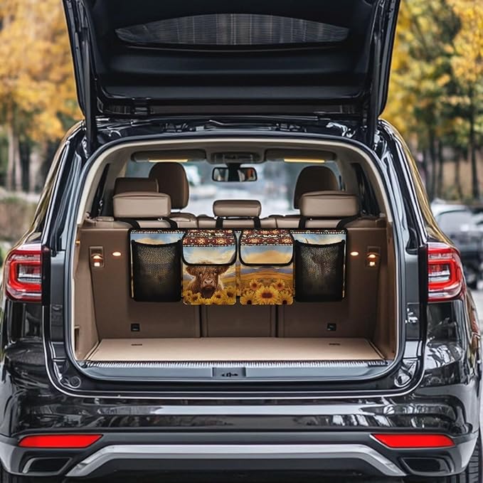 Highland Cow Sunflower Car Backseat Hanging Trunk Organizer with 4 Pockets Multipurpose Adjustable Car Organizer Bag Auto Interior Accessories