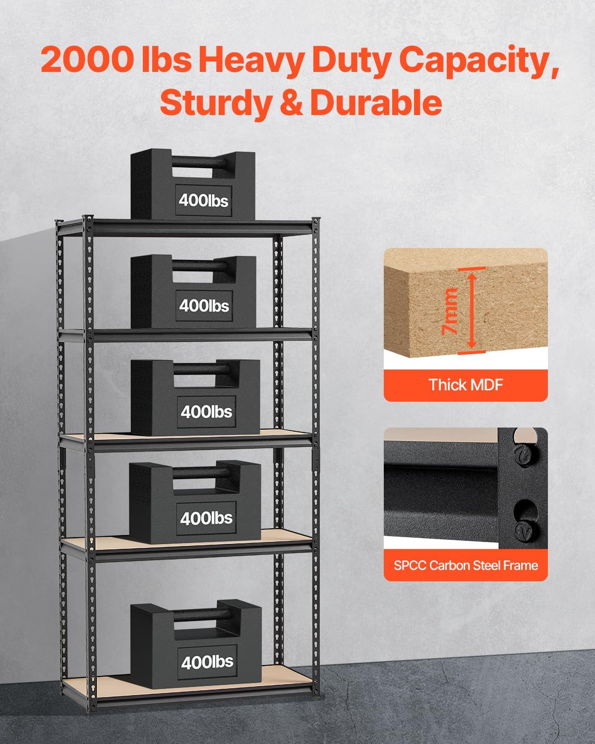 VEVOR Storage Shelves, 2000 lbs, 5 Tier Garage Storage Shelving, 16" D x 36" W x 71.4" H Adjustable Metal Shelves for Garage Shelves Utility Rack Shelf, Ideal for Kitchen, Warehouse, Basement, Black