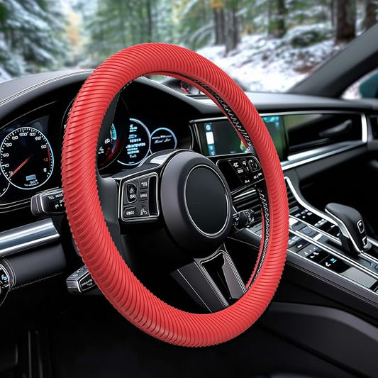 WOCOCN Car Steering Wheel Cover, Thin Anti-Skid Silicone Steering Wheel Cover for Men & Women, Universal Automotive Interior Accessories for Most Cars (Red)