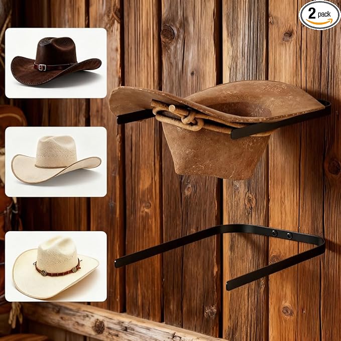 2-Pack Metal Hat Rack for Wall Mount – Space-Saving Cowboy Hat Holder & DIY Wall Display Hanger – Compact Hat Organizer with Screws, Black (No wooden board)