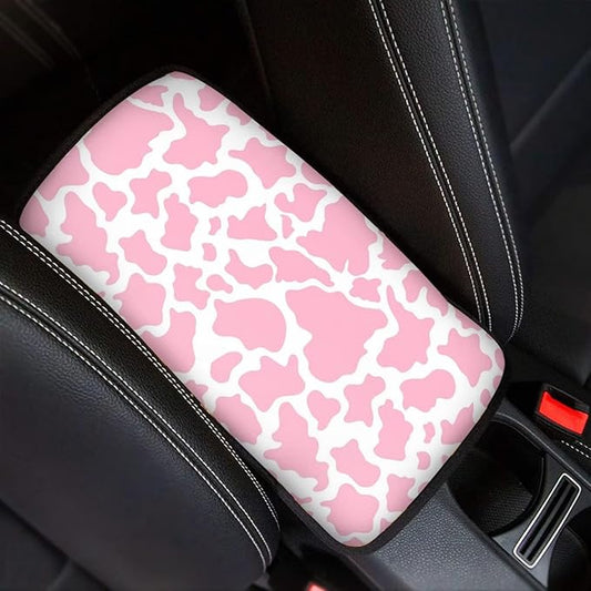 Dreaweet Pink Cow Print Auto Center Console Pad Car Armrest Seat Box Cover Protector Universal Fit Car Decor Handrail Box Arm Rest Cushion Lid Soft Car Accessories for Women Men