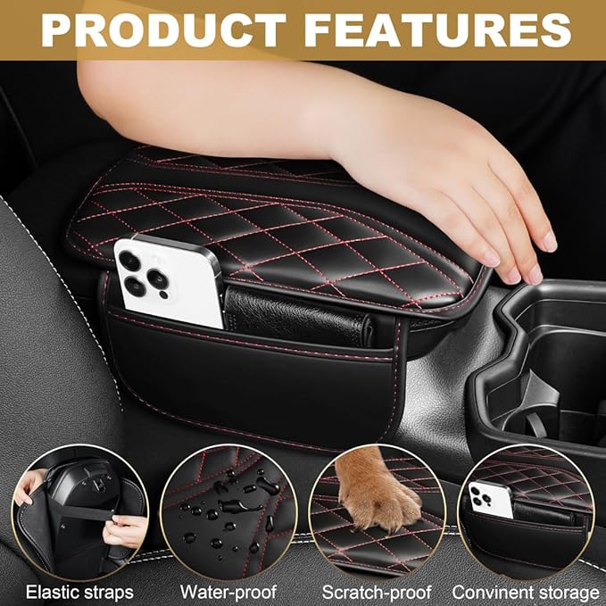 Center Console Cover Fit for bZ4X Scratch & Wear Resistant Waterproof Middle Console Cover with 2 Storage Bags(Black&Redline)