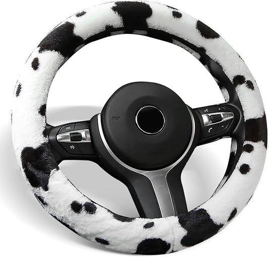 ALEMODR Plush Cow Print Steering Wheel Cover Fluffy Winter Warm Universal 15 inch for Women Girls
